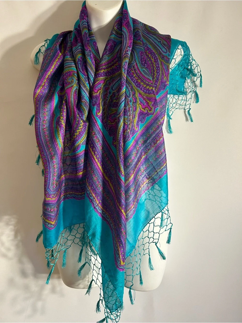 SILK INDIA MADE LARGE PURPLE/TEAL TURQUOISE PAISLEY WITH TASSEL FRINGE SCARF O/S